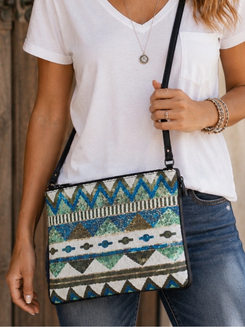Aztec print Sequin black,blue,green crossbody purse